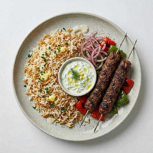 Gulf spiced beef kebab with turkish orzo rice and garlic tzatziki